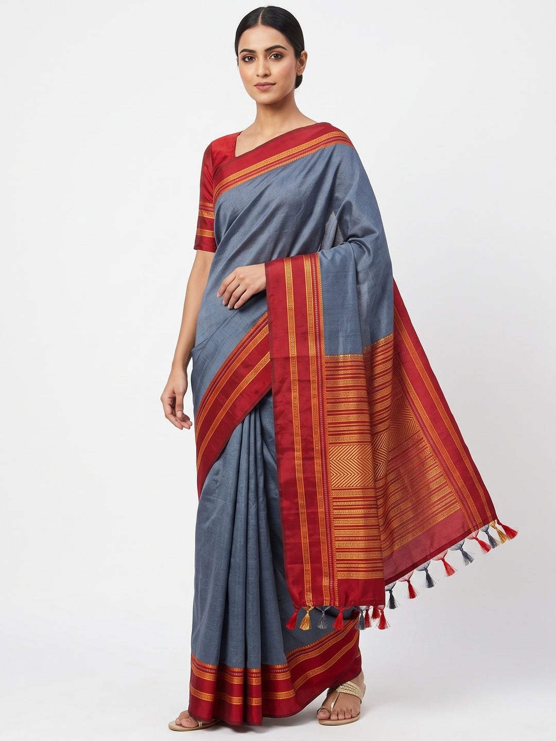 Classic Grey Solid Weaving Pure Silk Saree Accented With Woven Striped Pallu & Tassel Finish - Image 1