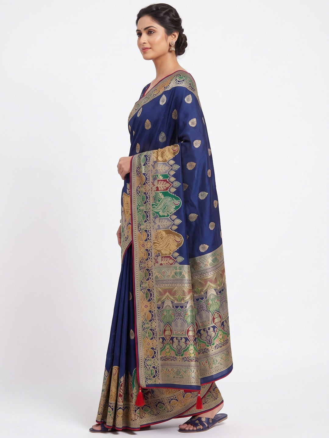 Blue Luxury Pure Silk Saree Crafted With Floral Meenakari Foil Print & Trendy Tassel Pallu - Image 3