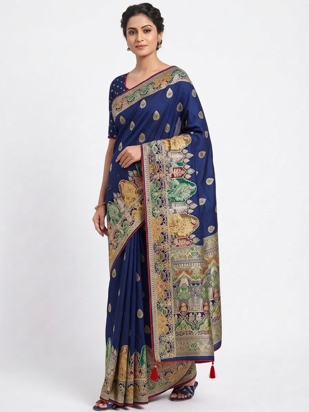 Blue Luxury Pure Silk Saree Crafted With Floral Meenakari Foil Print & Trendy Tassel Pallu - Image 5