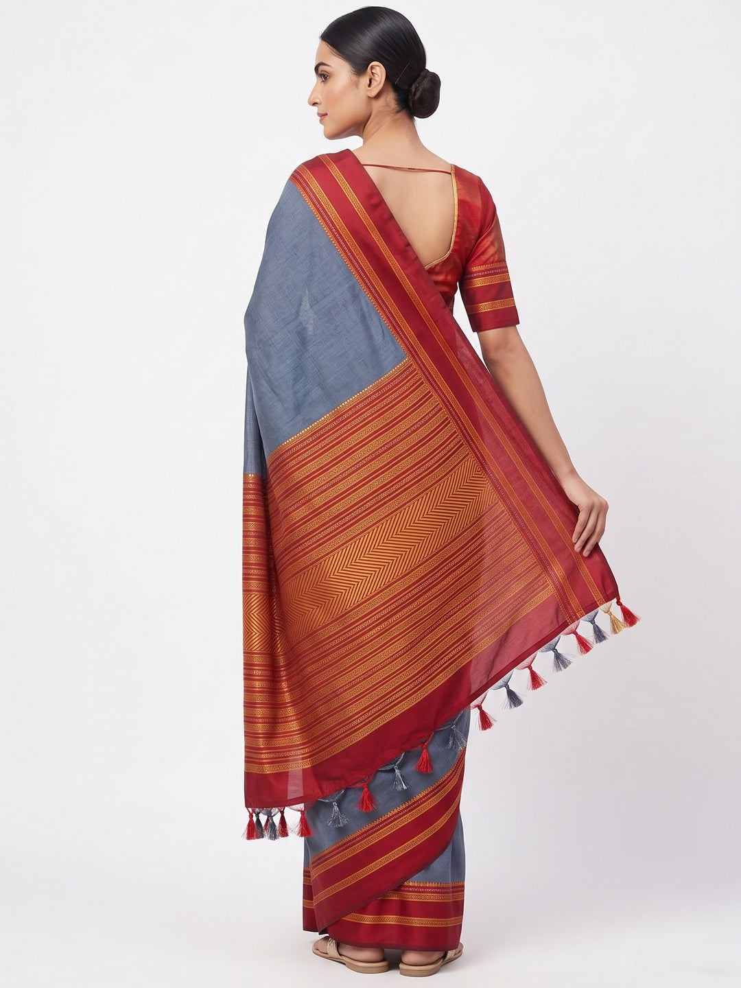 Classic Grey Solid Weaving Pure Silk Saree Accented With Woven Striped Pallu & Tassel Finish - Image 2