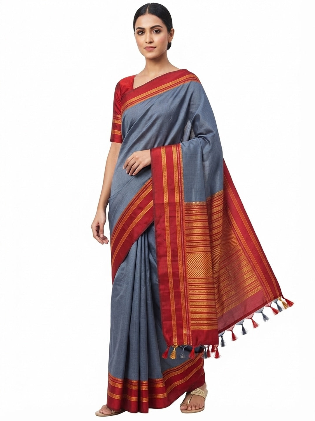 Classic Grey Solid Weaving Pure Silk Saree Accented With Woven Striped Pallu & Tassel Finish - Image 5