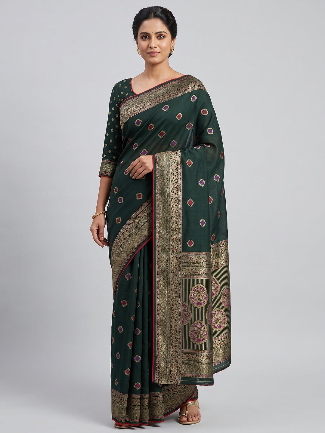 Green Viscose Saree with Foil Geometric Prints - Image 1