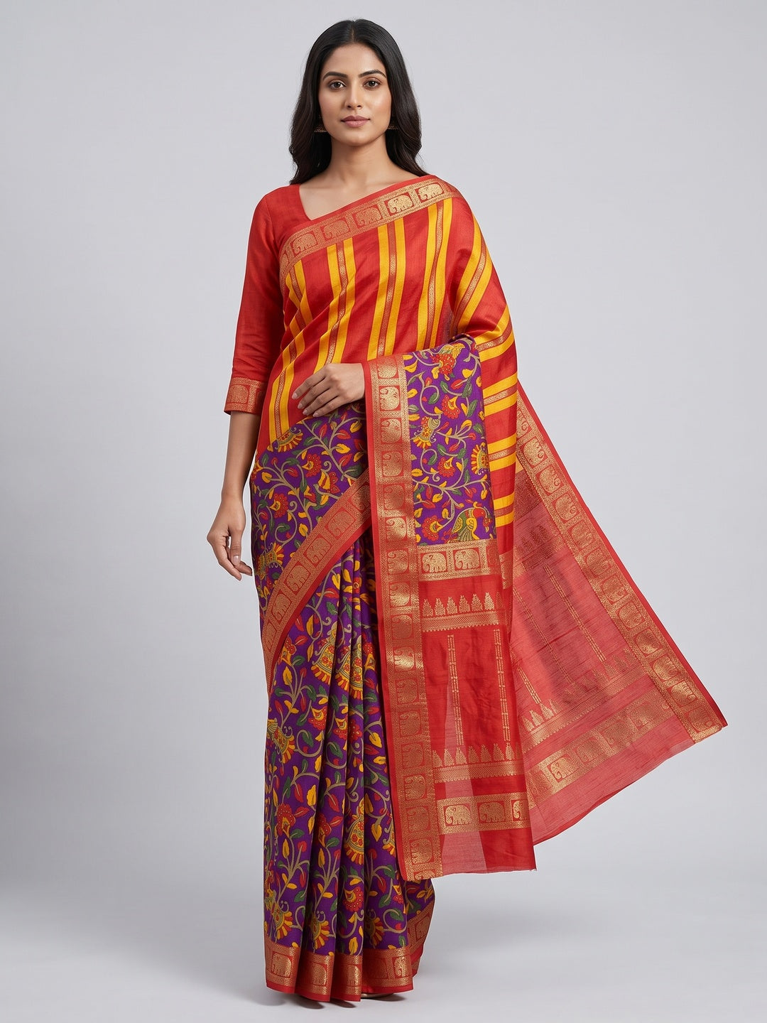 Purple Floral Kalamkari Printed Dola Silk Saree - Image 1