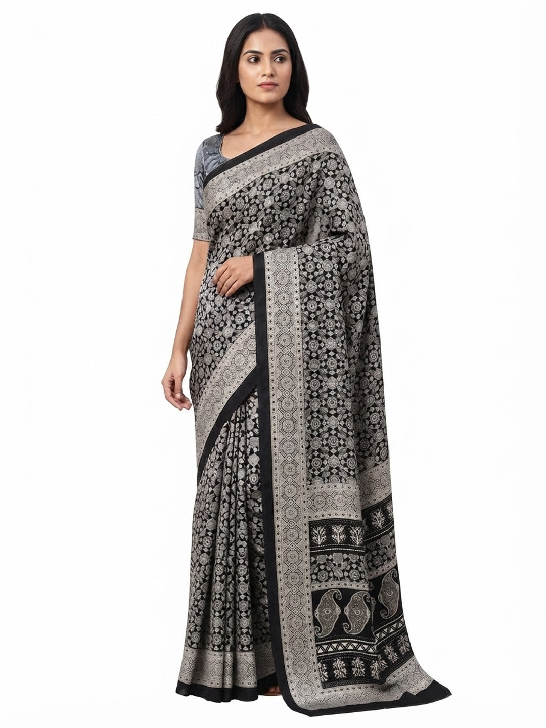 Black Saree in Satin Fabric with Authentic Ajrakh Patterns - Image 5