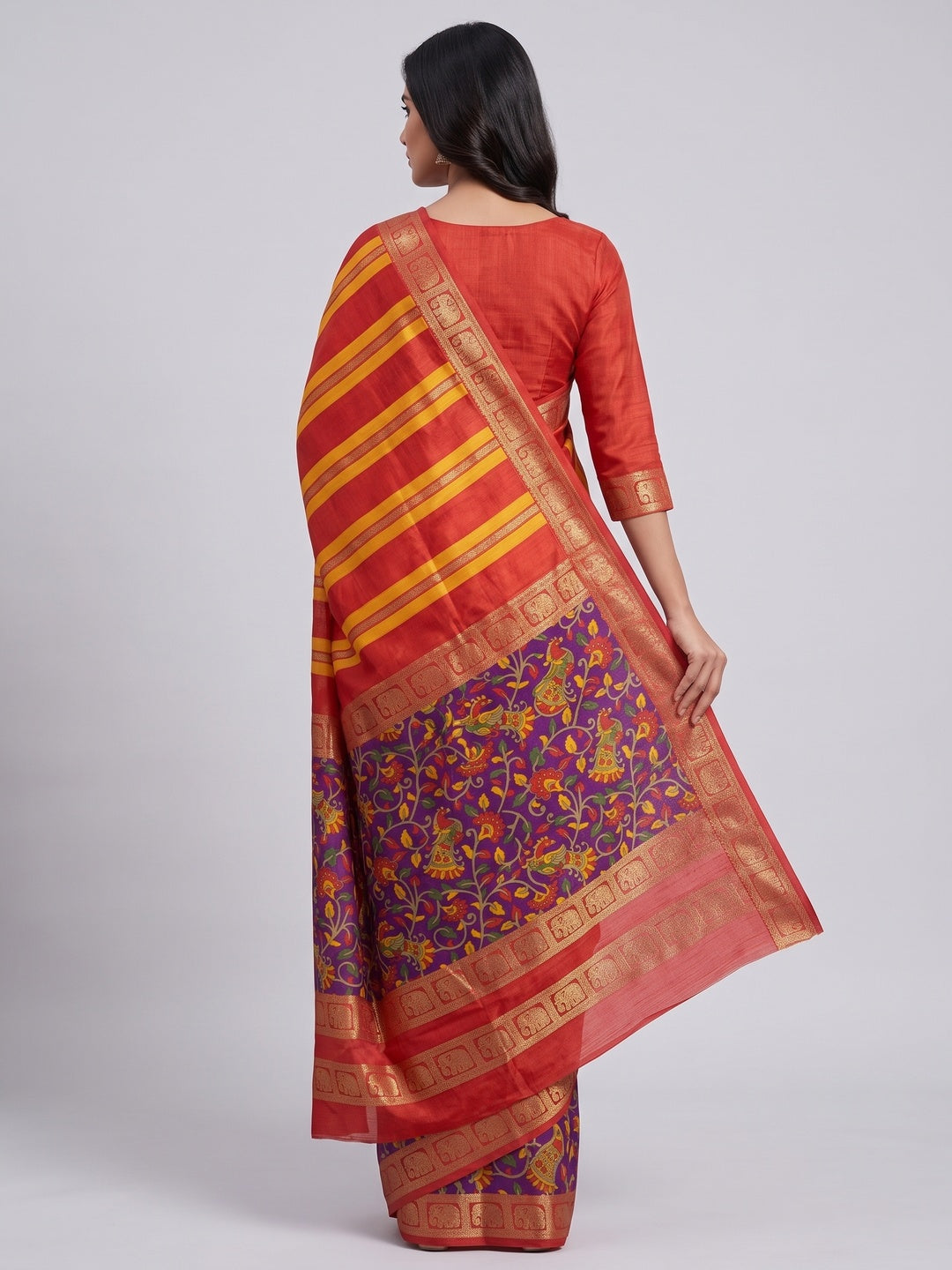 Purple Floral Kalamkari Printed Dola Silk Saree - Image 2