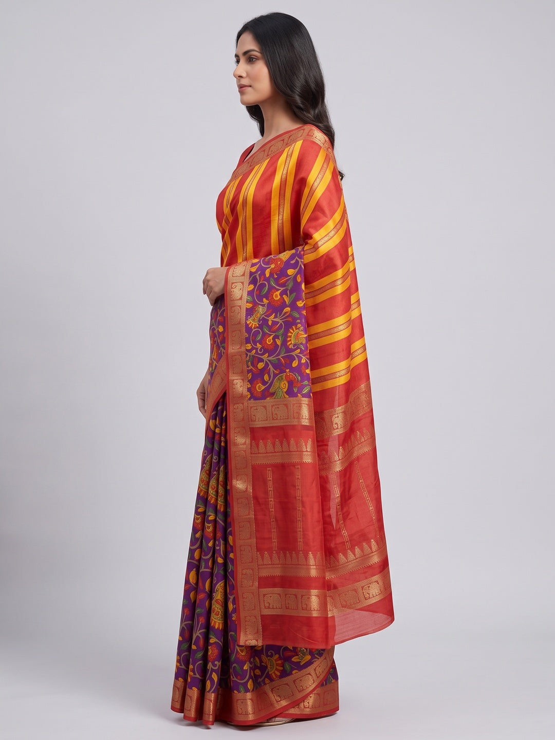 Purple Floral Kalamkari Printed Dola Silk Saree - Image 3