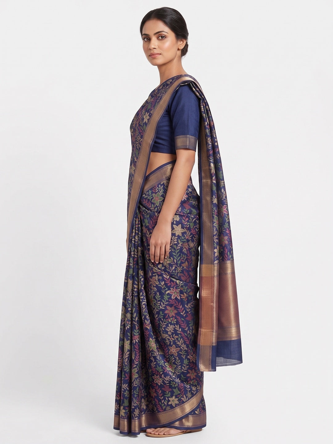 Navy Blue Kashmiri Inspired Floral Printed Tussar Silk Saree for Ethnic Occasions - Image 3