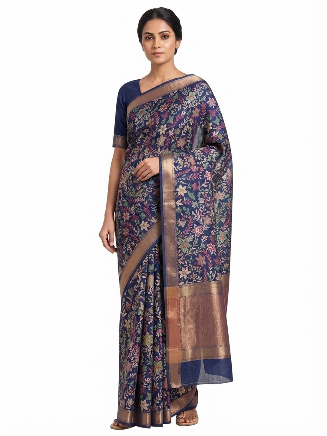 Navy Blue Kashmiri Inspired Floral Printed Tussar Silk Saree for Ethnic Occasions - Image 5