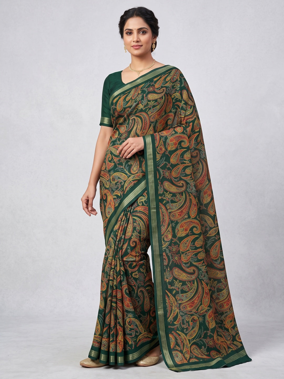 Green Cotton Blend Saree with Ethnic Kashmiri-Inspired Paisley Design - Image 1