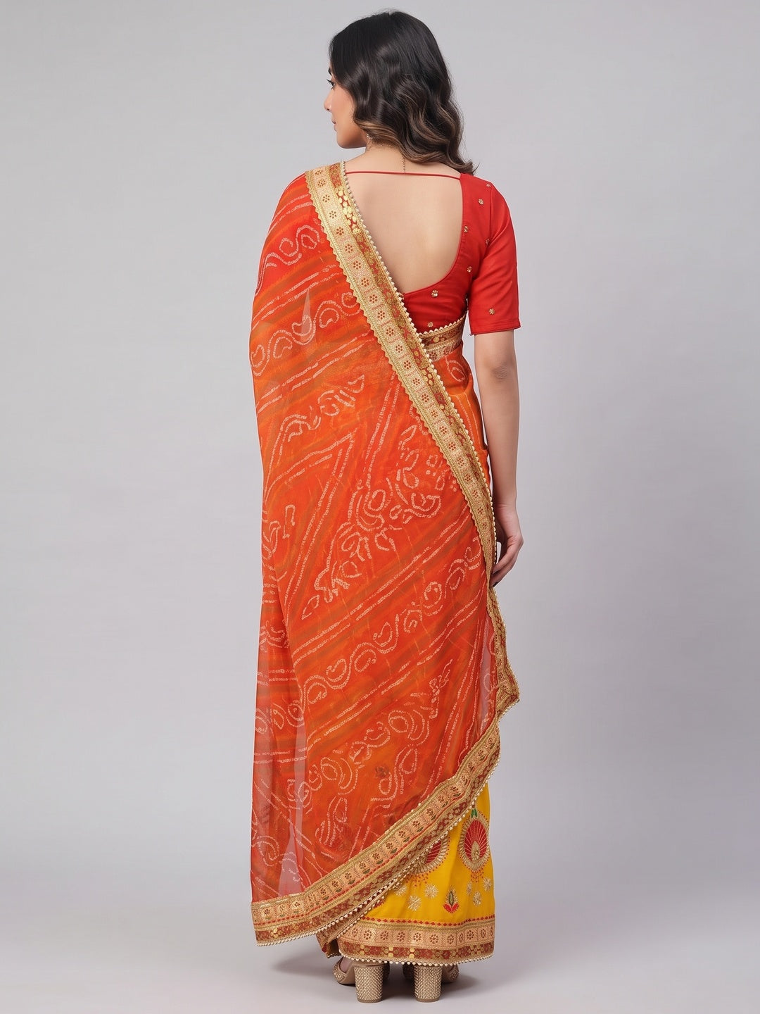 Yellow & Orange Bandhani Printed Chiffon Half & Half Saree - Image 4