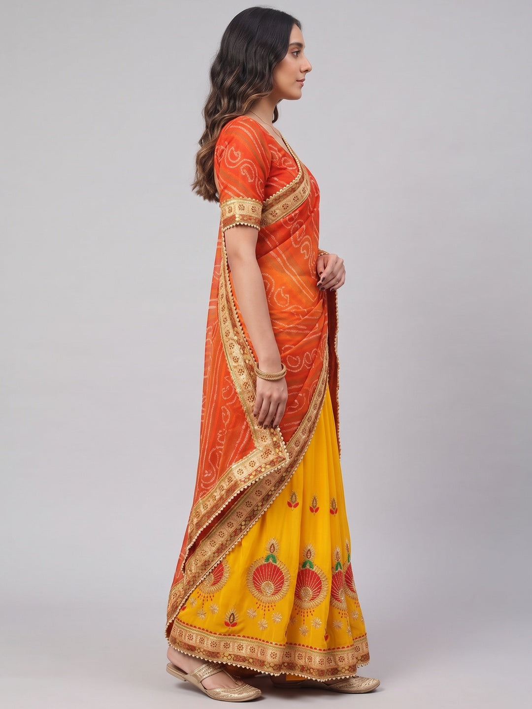 Yellow & Orange Bandhani Printed Chiffon Half & Half Saree - Image 5