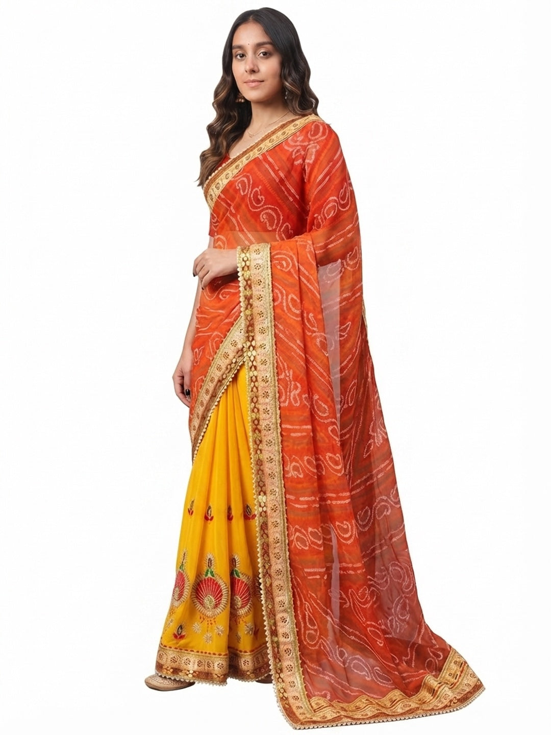 Yellow & Orange Bandhani Printed Chiffon Half & Half Saree - Image 7