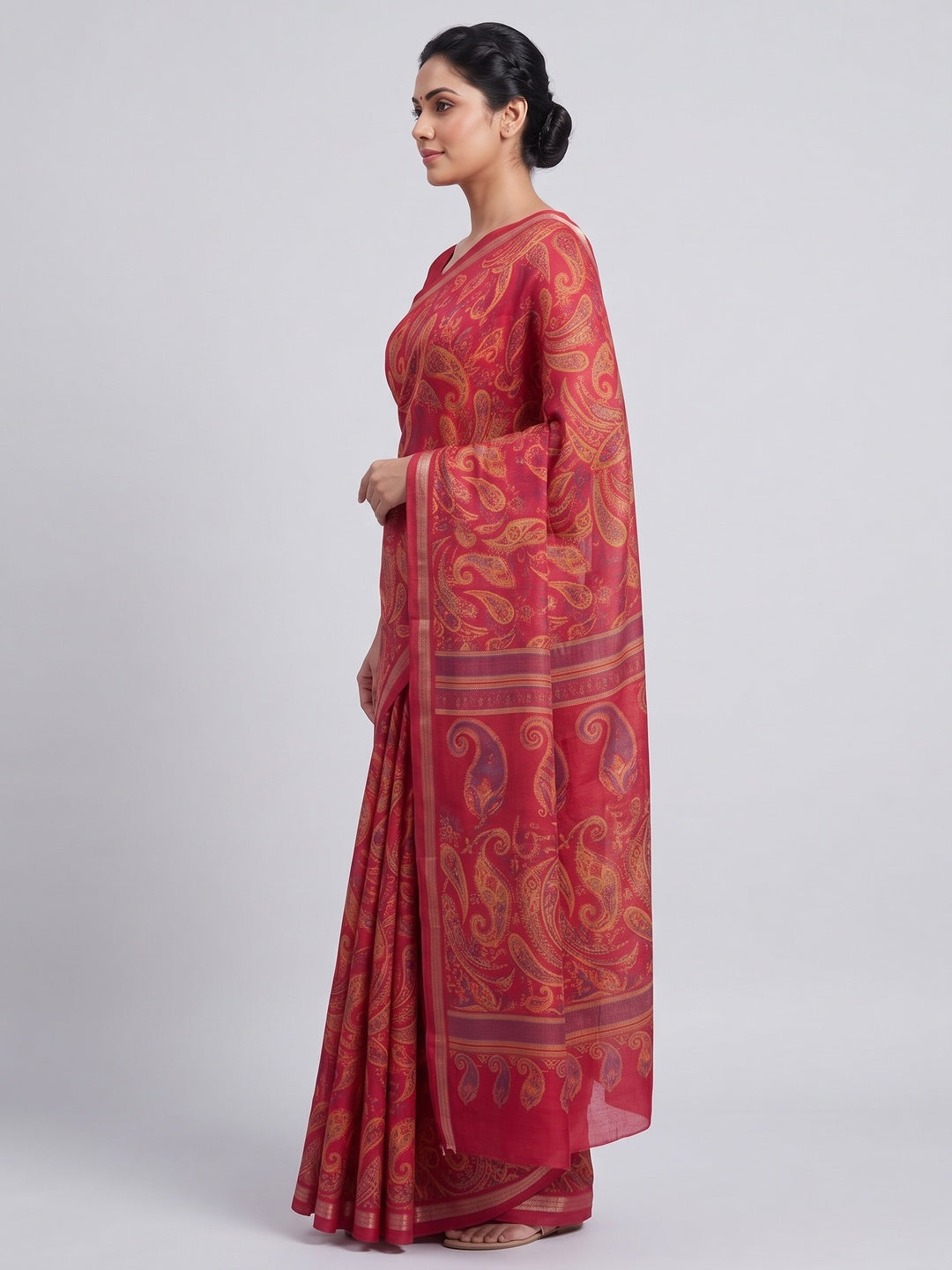 Crimson Red Cotton Blend Saree with Ethnic Kashmiri-Inspired Paisley Design - Image 2
