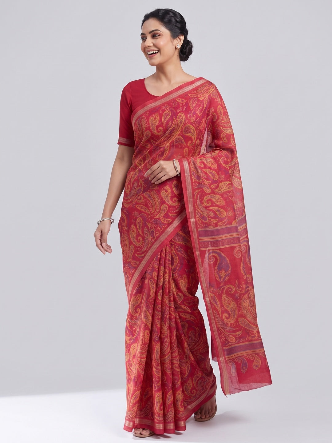 Crimson Red Cotton Blend Saree with Ethnic Kashmiri-Inspired Paisley Design - Image 3