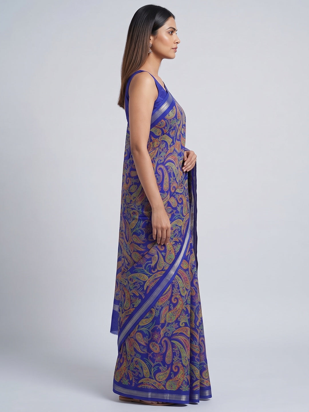 Royal Blue Cotton Blend Saree with Ethnic Kashmiri-Inspired Paisley Design - Image 3