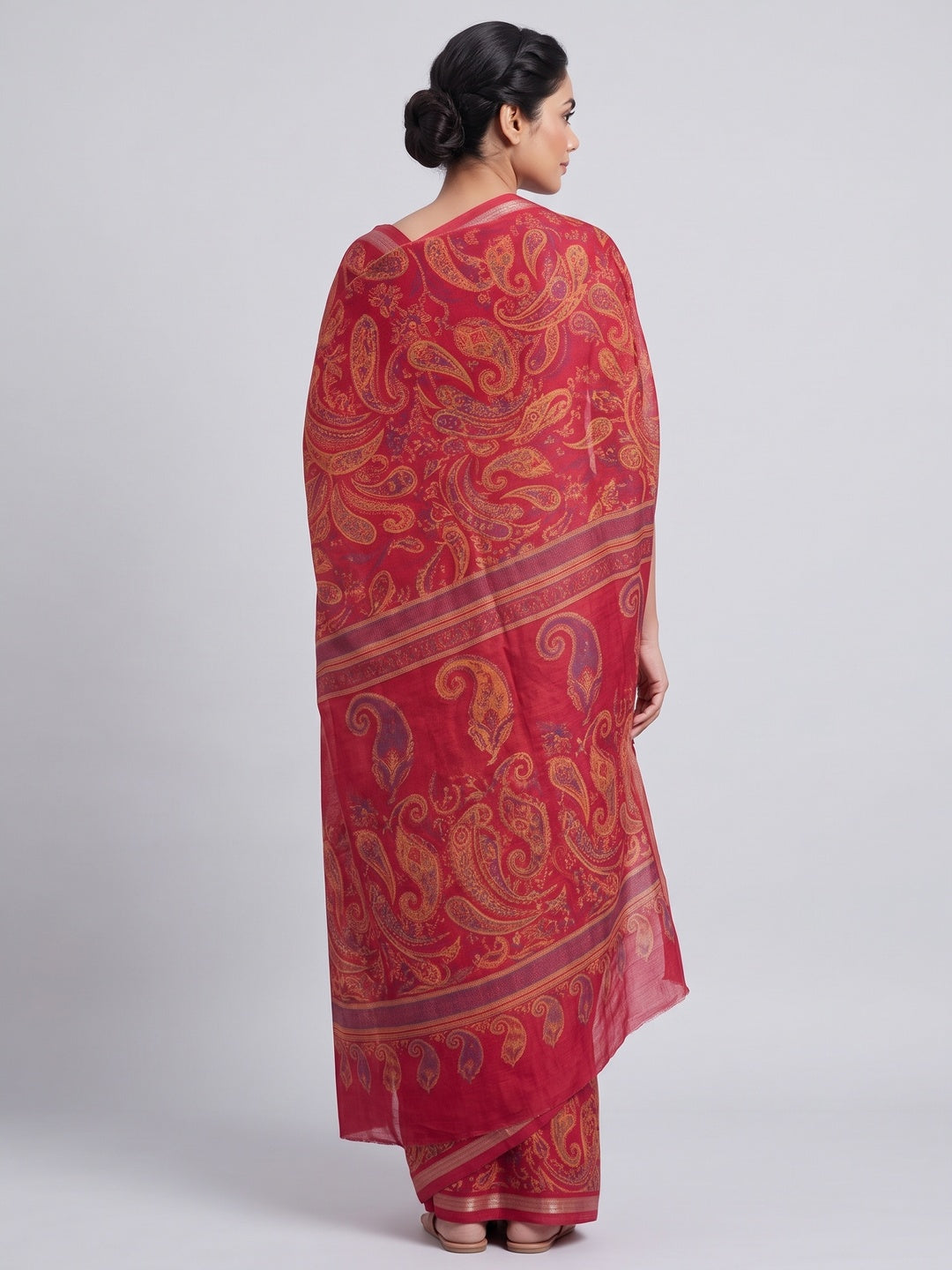 Crimson Red Cotton Blend Saree with Ethnic Kashmiri-Inspired Paisley Design - Image 4