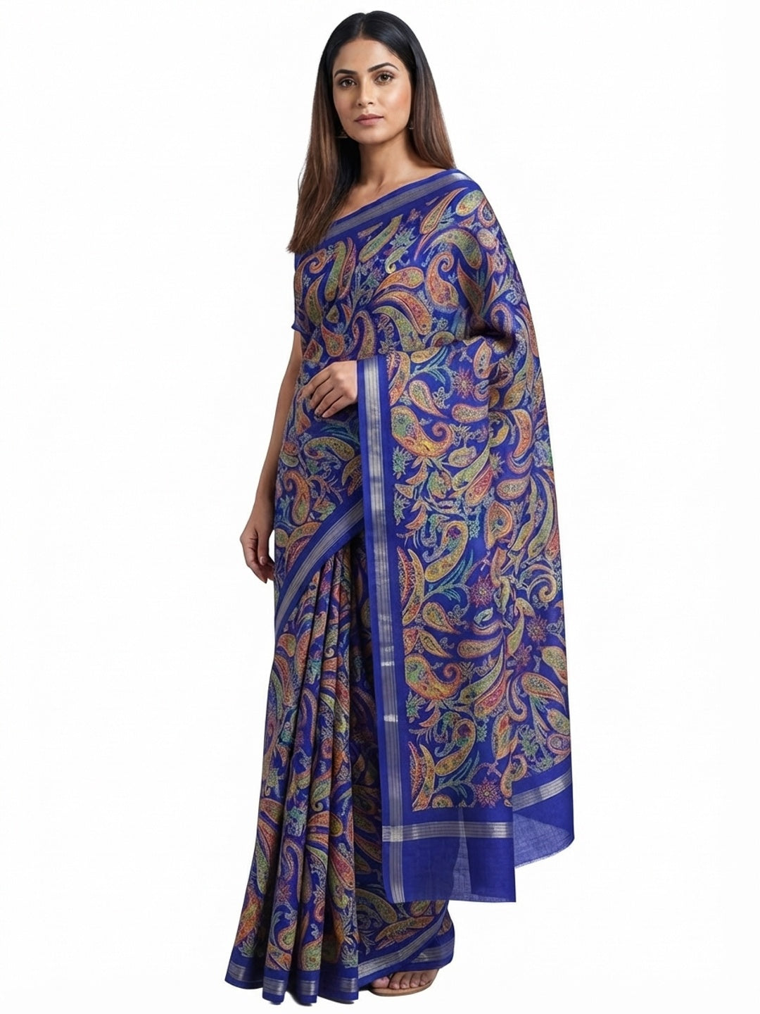 Royal Blue Cotton Blend Saree with Ethnic Kashmiri-Inspired Paisley Design - Image 5