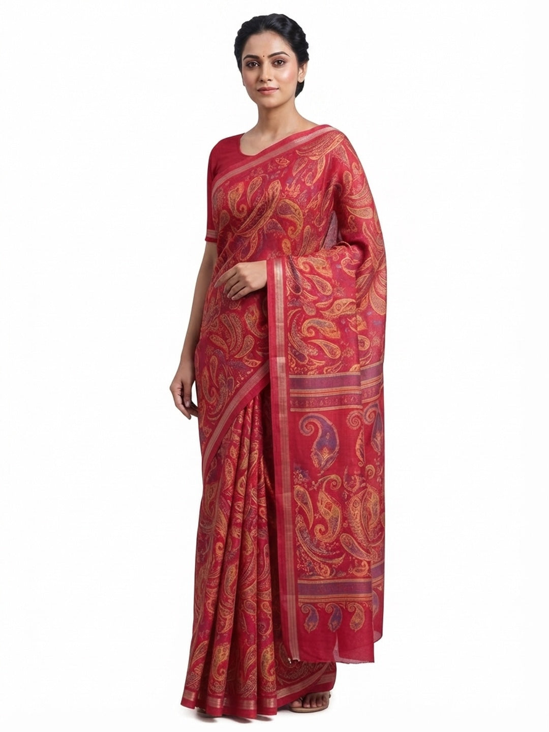 Crimson Red Cotton Blend Saree with Ethnic Kashmiri-Inspired Paisley Design - Image 5