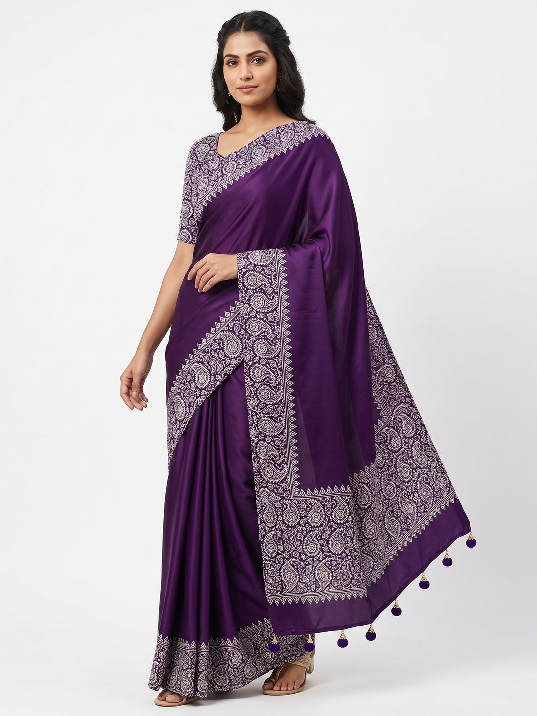 Purple Satin Saree In Ajrakh Floral Print With Tassel Adorned Pallu - Image 1