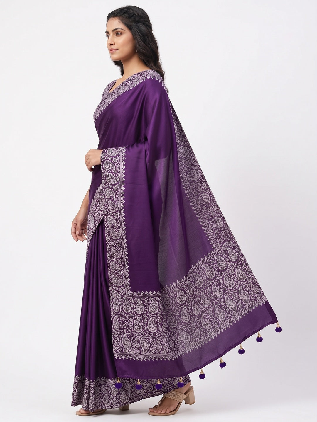 Purple Satin Saree In Ajrakh Floral Print With Tassel Adorned Pallu - Image 3