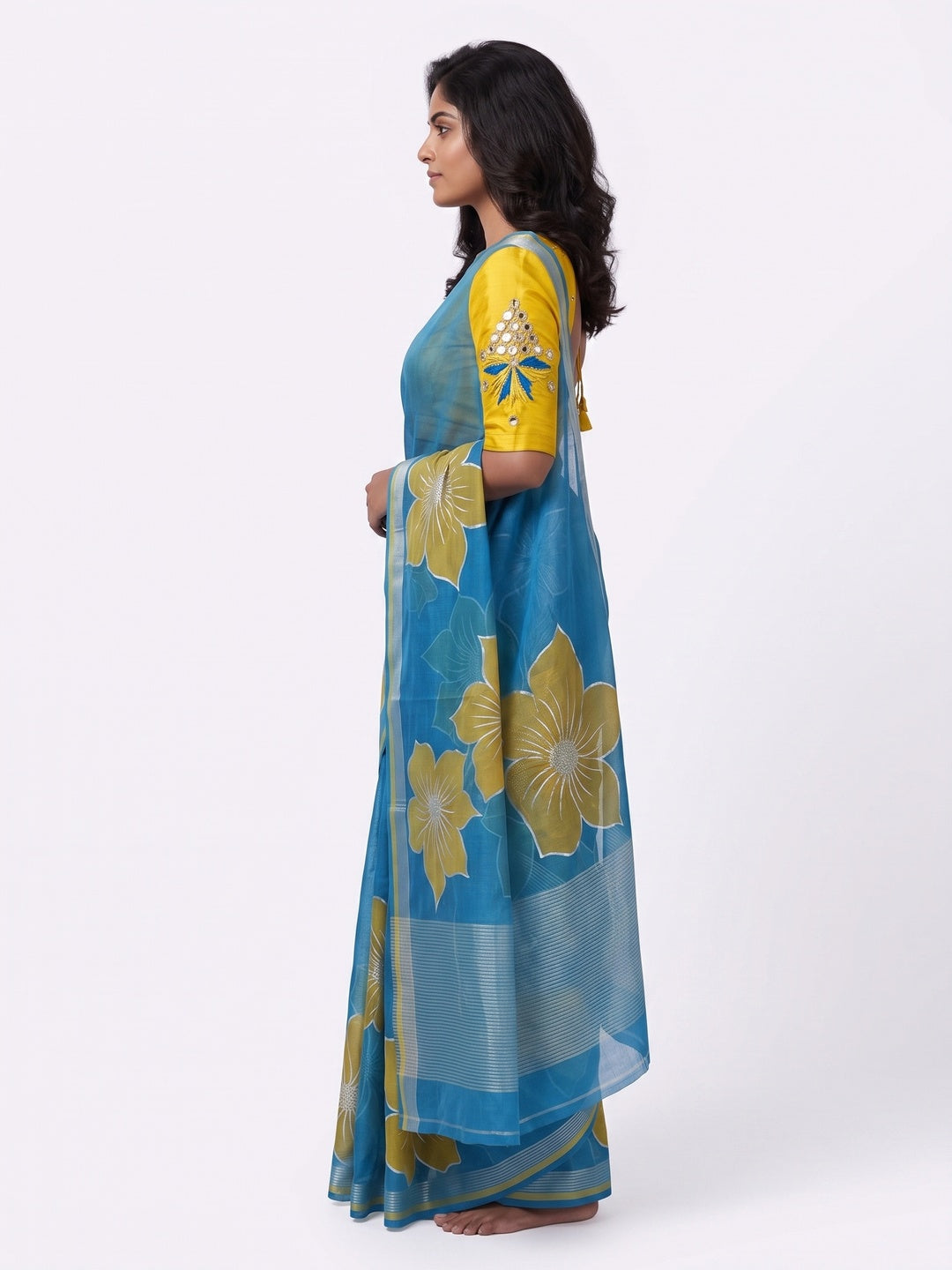 Blue and Yellow Organza Saree with Exquisite Floral Foil Motifs - Image 3