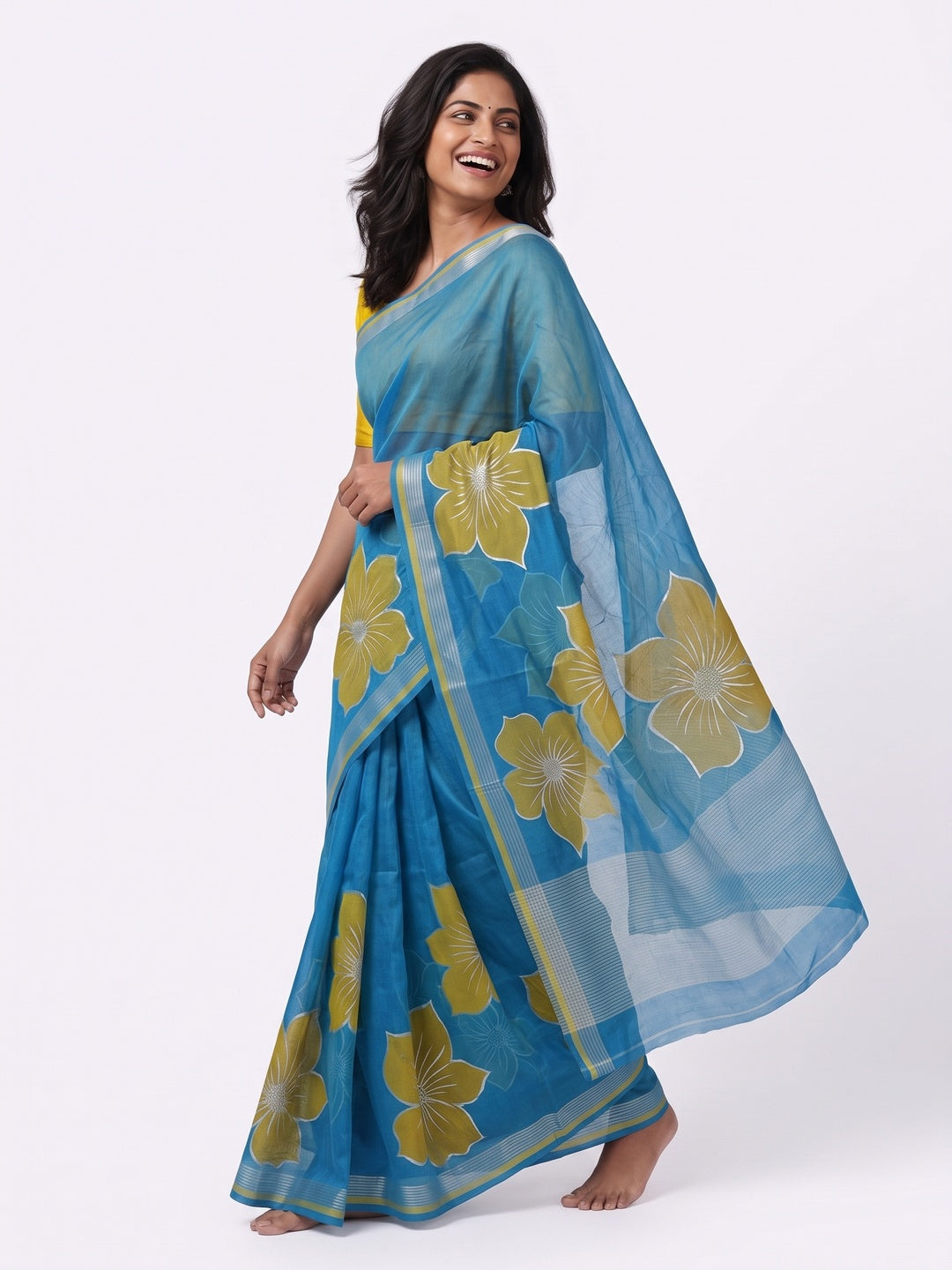Blue and Yellow Organza Saree with Exquisite Floral Foil Motifs - Image 4