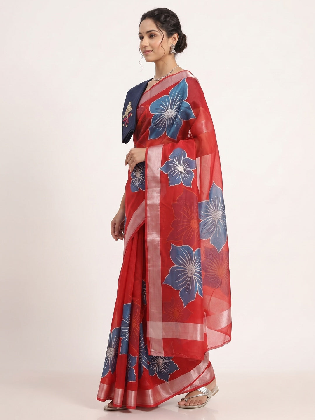 Vibrant Red & Blue Floral Foil Printed Organza Saree With Designer Unstitched Blouse - Image 3