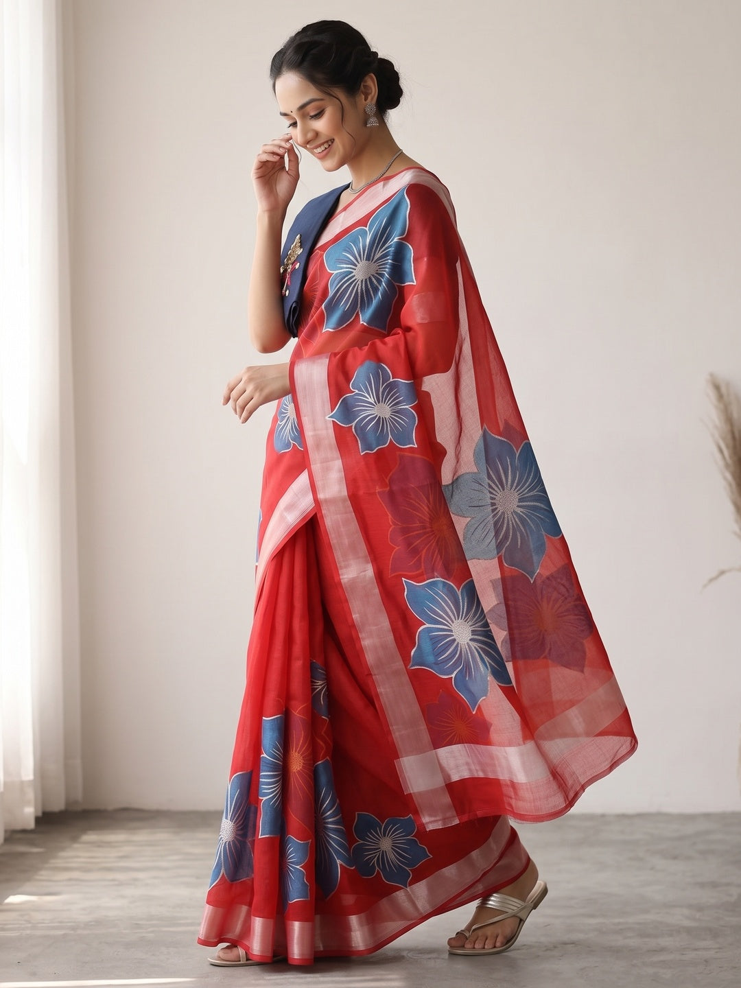 Vibrant Red & Blue Floral Foil Printed Organza Saree With Designer Unstitched Blouse - Image 4