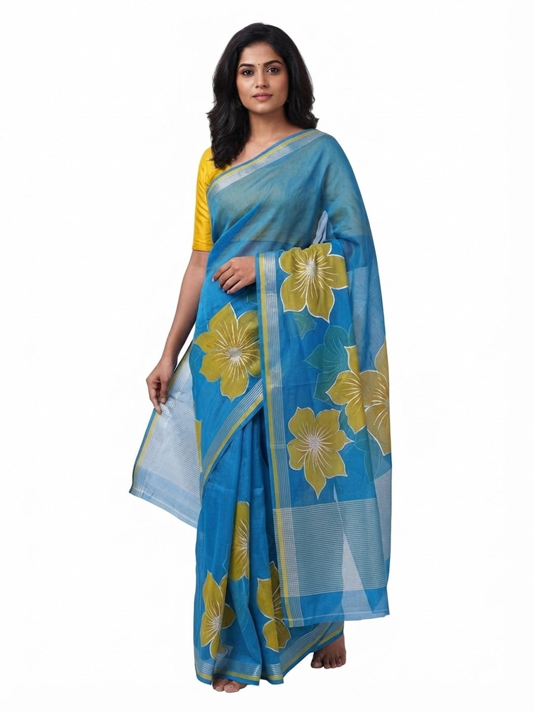 Blue and Yellow Organza Saree with Exquisite Floral Foil Motifs - Image 5