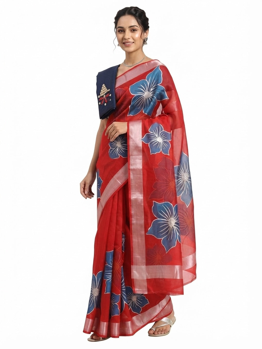 Vibrant Red & Blue Floral Foil Printed Organza Saree With Designer Unstitched Blouse - Image 5