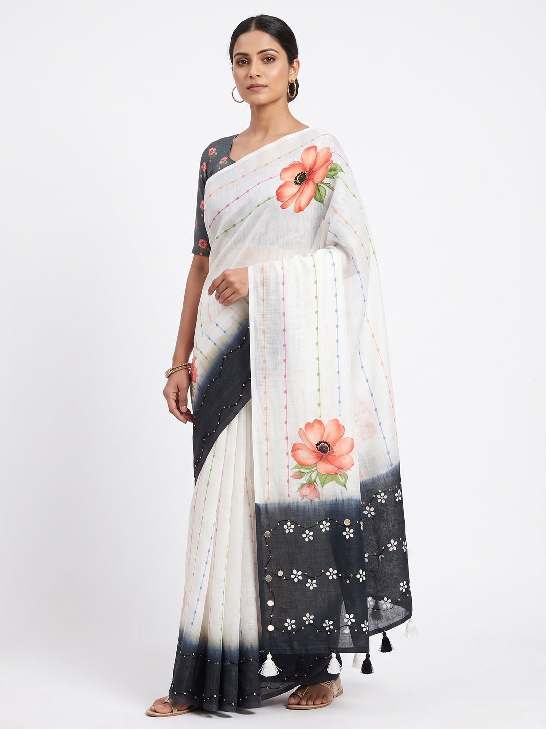 White and Grey Digital Printed Linen Cotton Saree with Refined Artistic Detailing - Image 1
