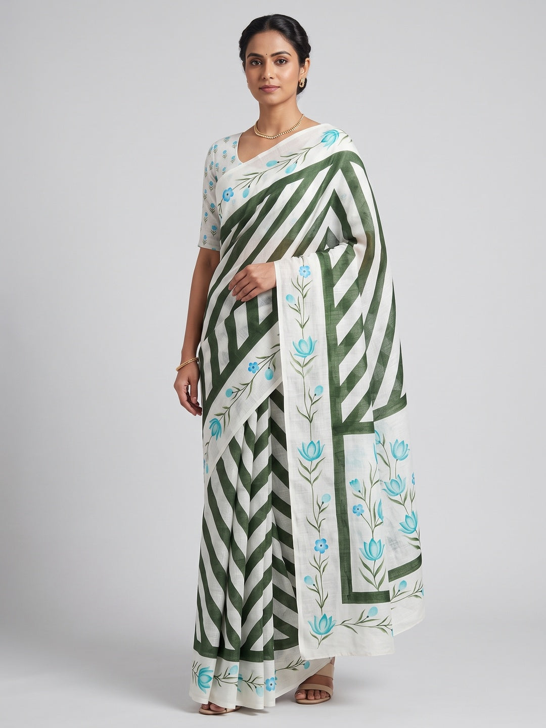 Stylish Green Digital Striped Printed Linen Saree With Delicate Floral Designs - Image 1