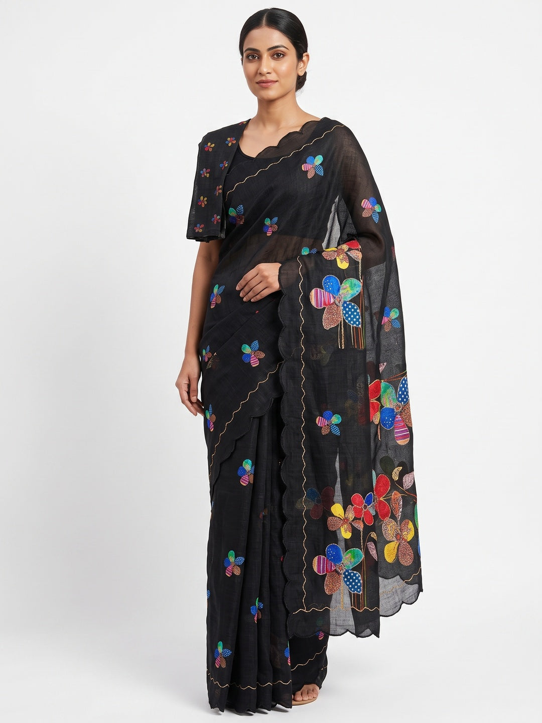 Black Linen Saree Featuring Floral Digital Print With Zari Outline & Cutwork Border - Image 1