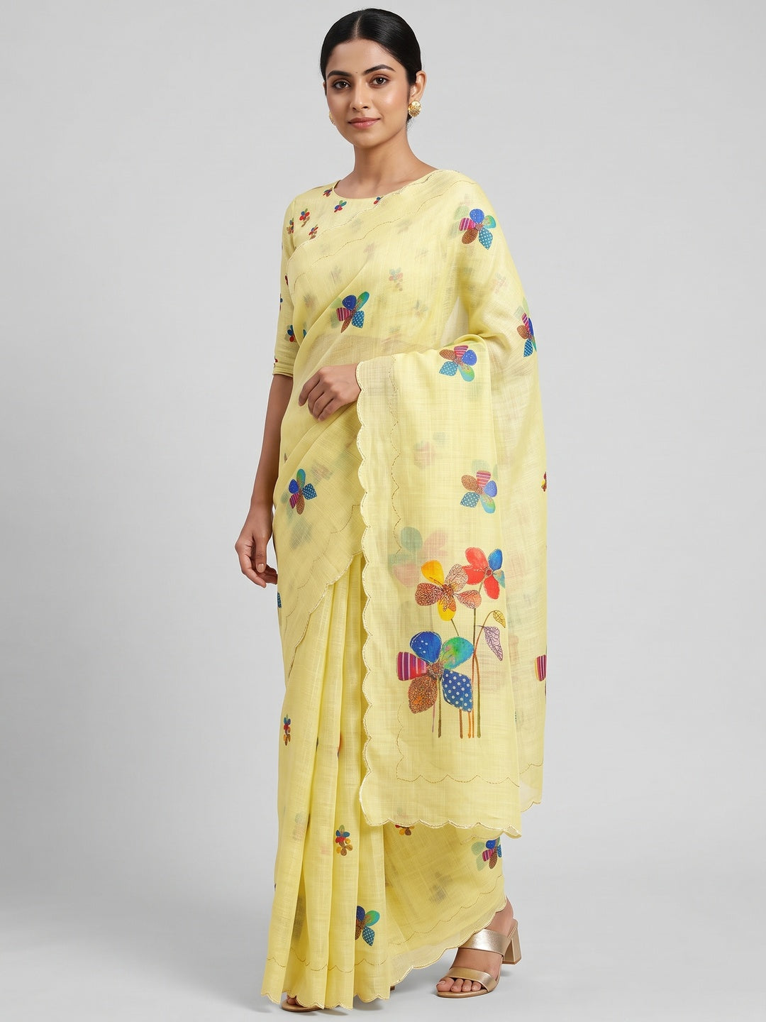 Yellow Linen Saree Featuring Floral Digital Print With Zari Outline & Cutwork Border - Image 1