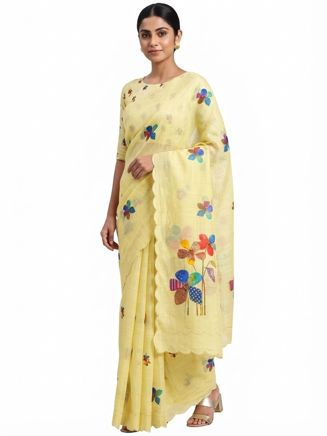 Yellow Linen Saree Featuring Floral Digital Print With Zari Outline & Cutwork Border - Image 2