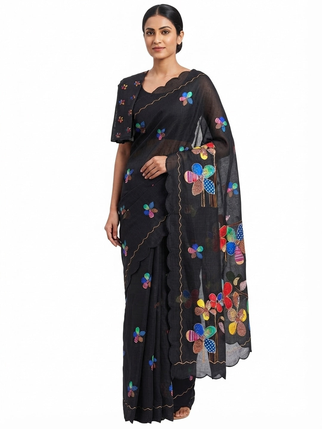 Black Linen Saree Featuring Floral Digital Print With Zari Outline & Cutwork Border - Image 2