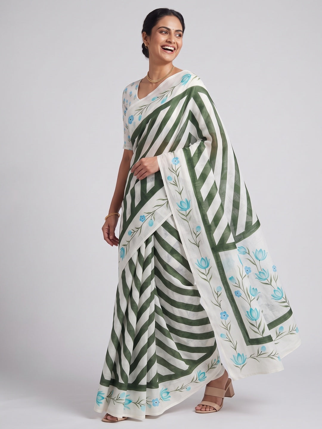 Stylish Green Digital Striped Printed Linen Saree With Delicate Floral Designs - Image 4