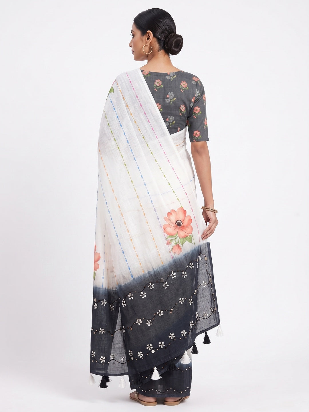 White and Grey Digital Printed Linen Cotton Saree with Refined Artistic Detailing - Image 3