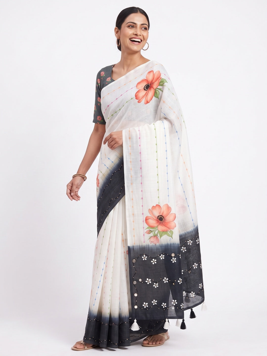 White and Grey Digital Printed Linen Cotton Saree with Refined Artistic Detailing - Image 5