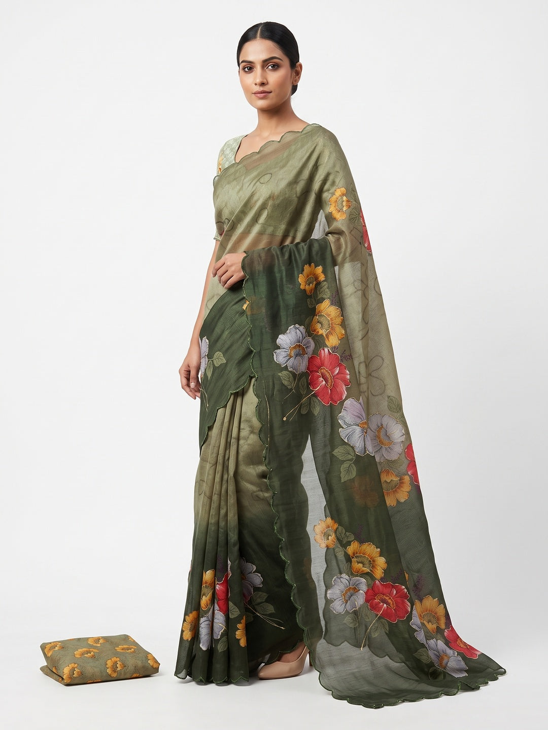 Green Floral Printed Chanderi Cotton Embroidered Saree Perfect for Festive - Image 1