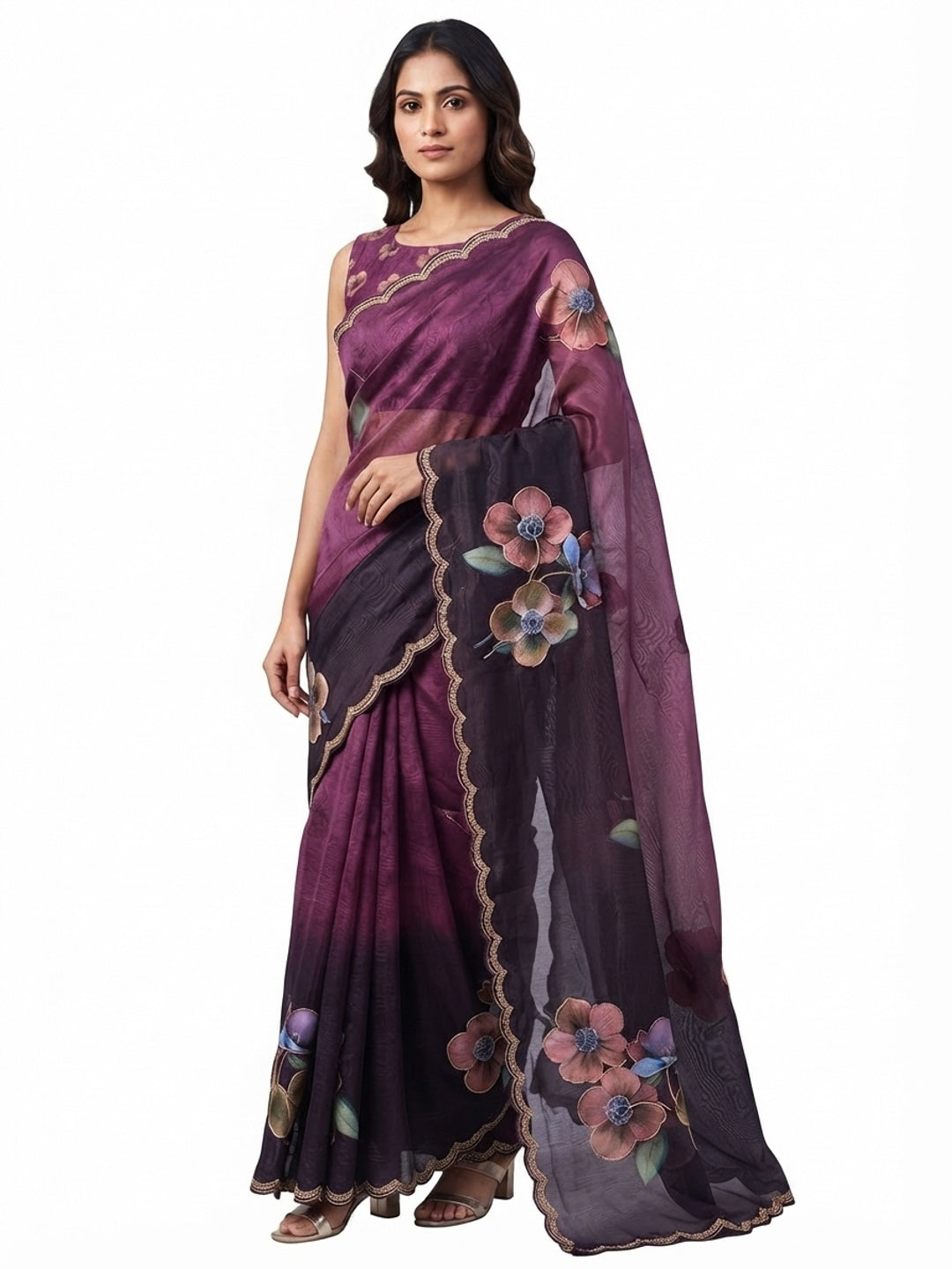 Wine Floral Printed Chanderi Cotton Embroidered Saree Perfect for Festive - Image 2