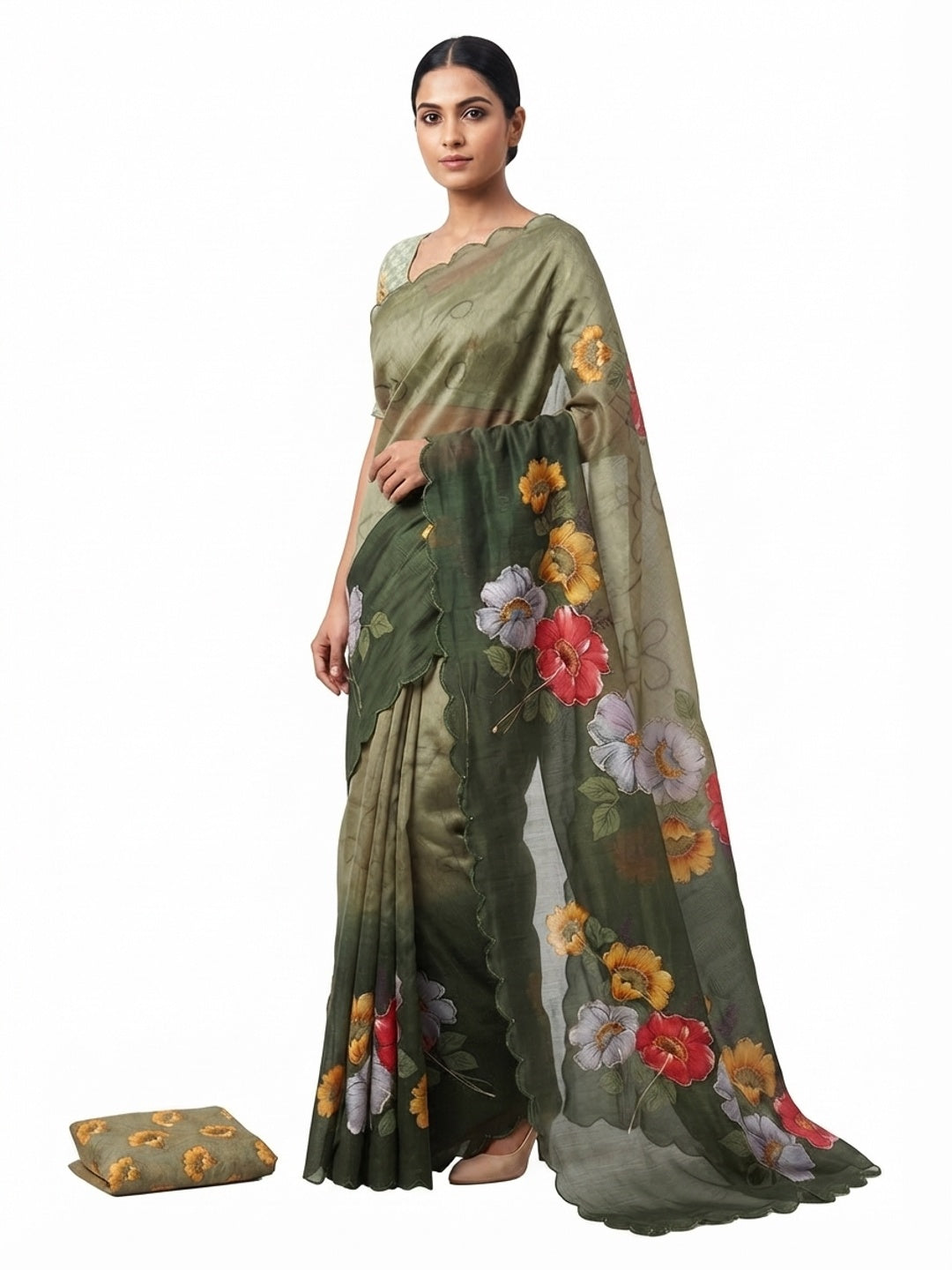 Green Floral Printed Chanderi Cotton Embroidered Saree Perfect for Festive - Image 2