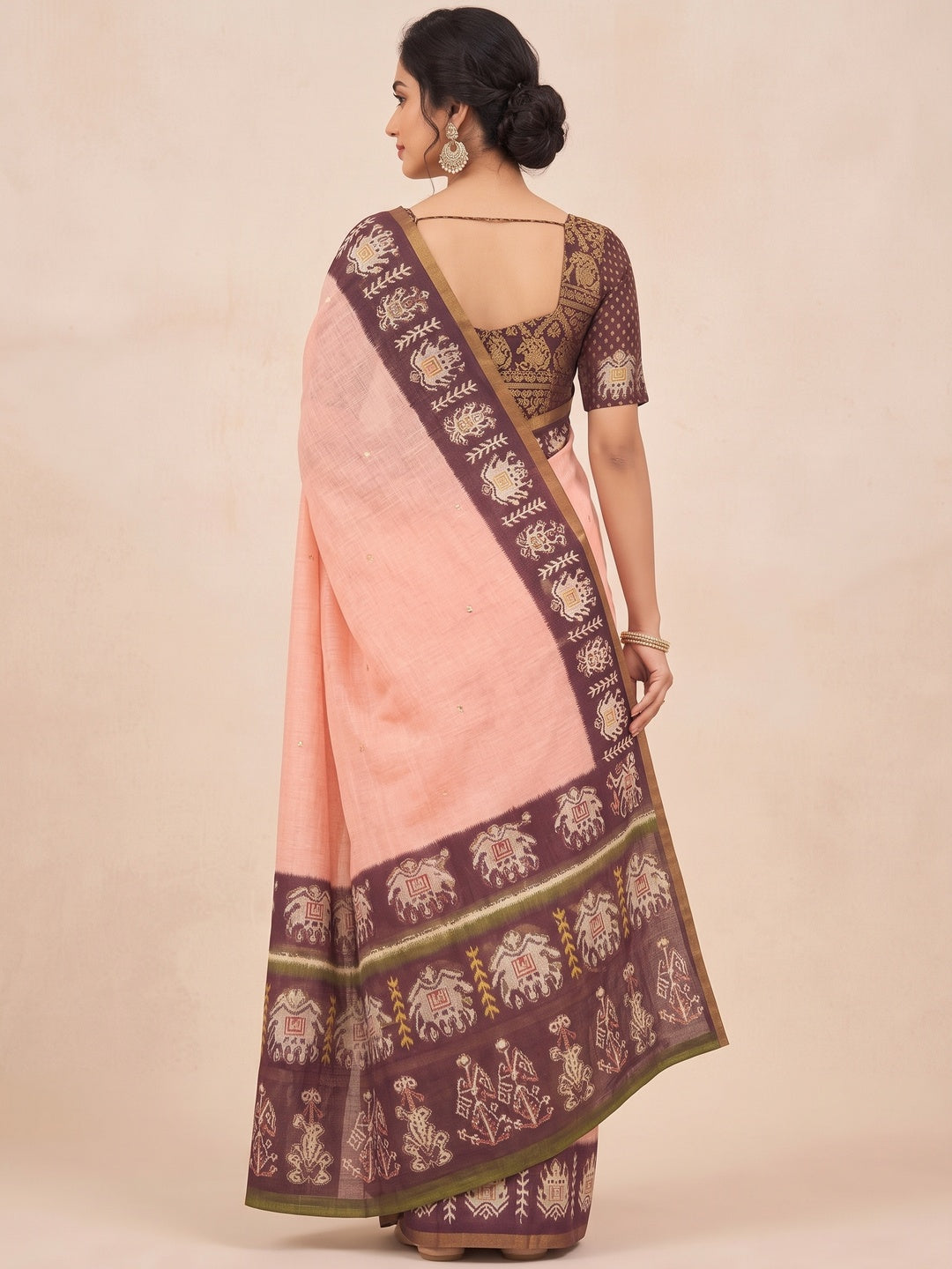 Peachmode Peach Linen Saree with Digital Print and Zari Work - Image 5
