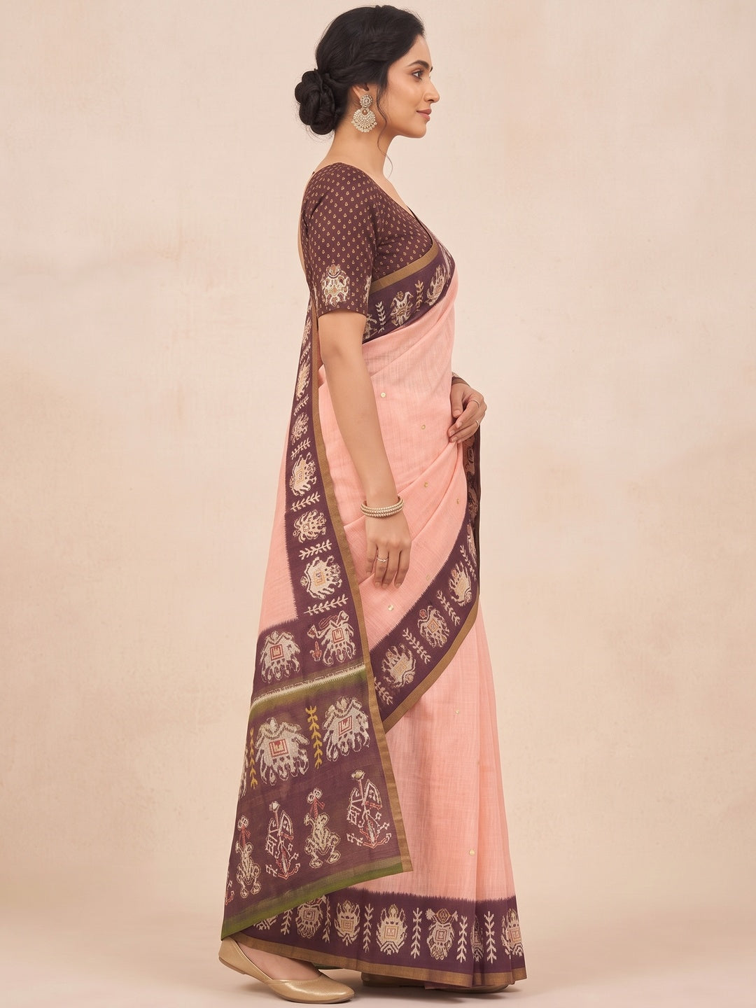 Peachmode Peach Linen Saree with Digital Print and Zari Work - Image 6