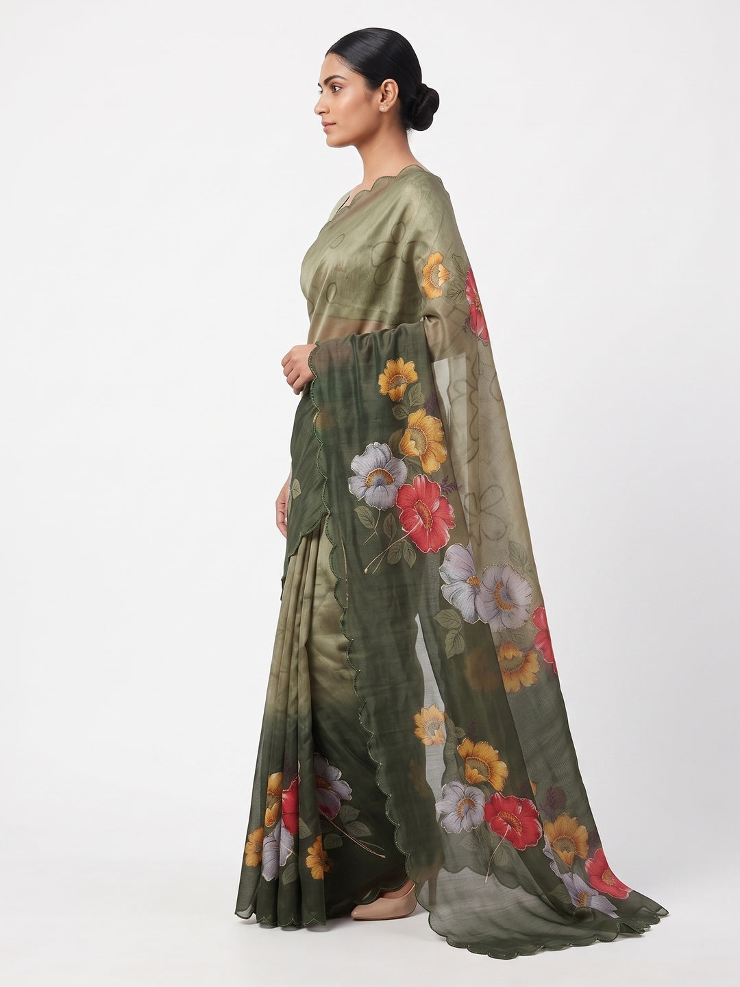 Green Floral Printed Chanderi Cotton Embroidered Saree Perfect for Festive - Image 3