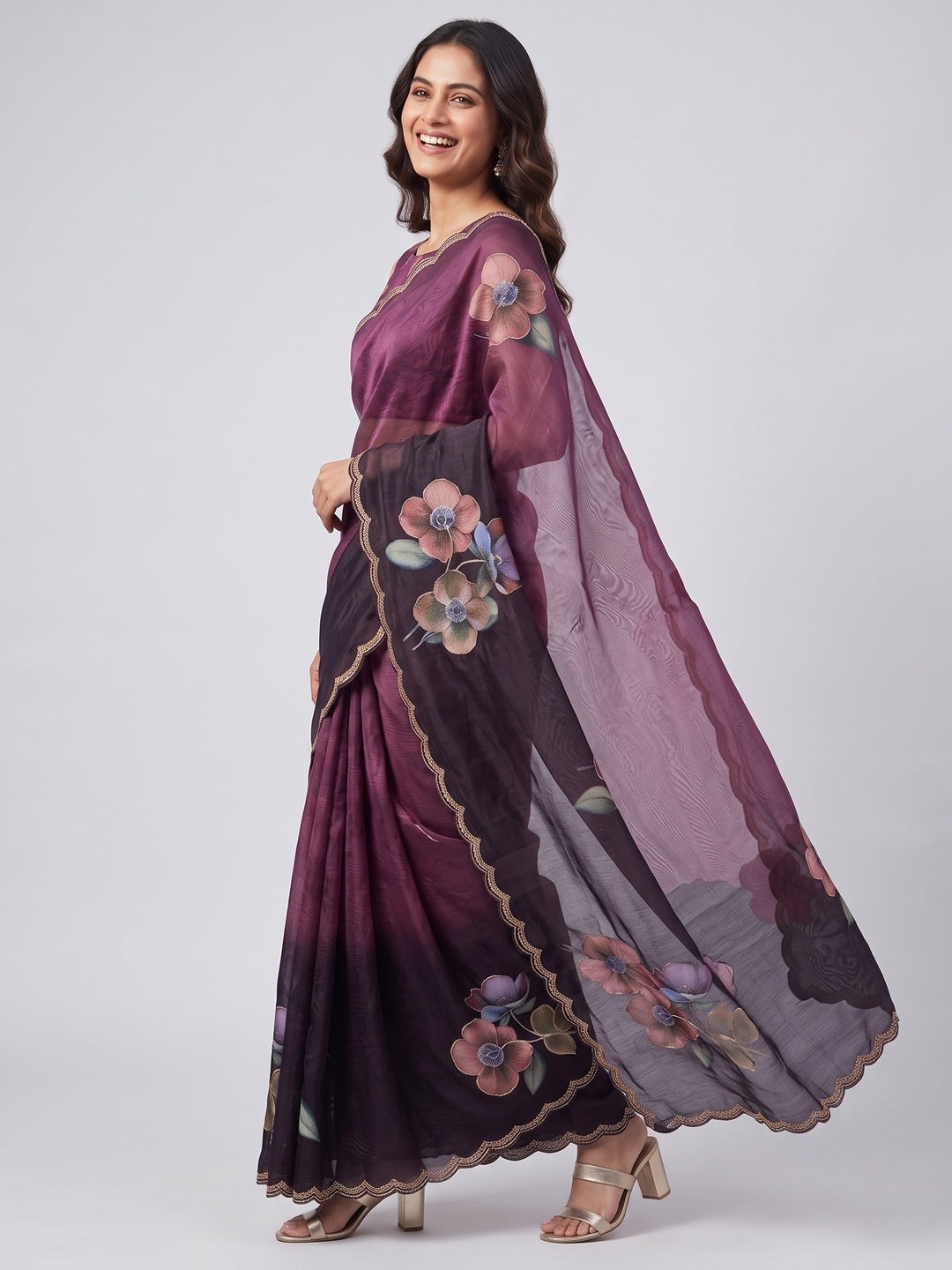 Wine Floral Printed Chanderi Cotton Embroidered Saree Perfect for Festive - Image 5