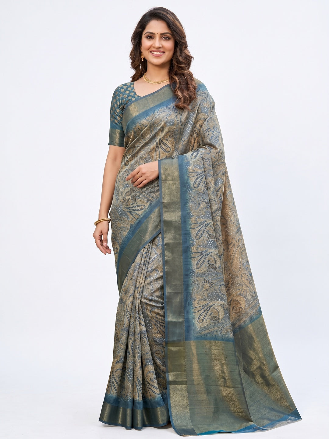 Festive Grey Silk Blend Saree with Subtle Floral Print and Shimmering Zari Border - Image 2