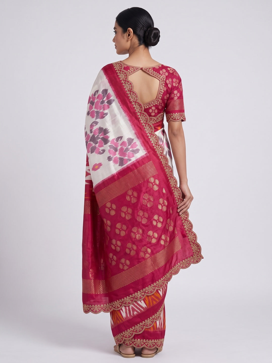 White & Pink Ikkat Printed Dola Silk Saree With Sequins Embroidered Border - Image 2