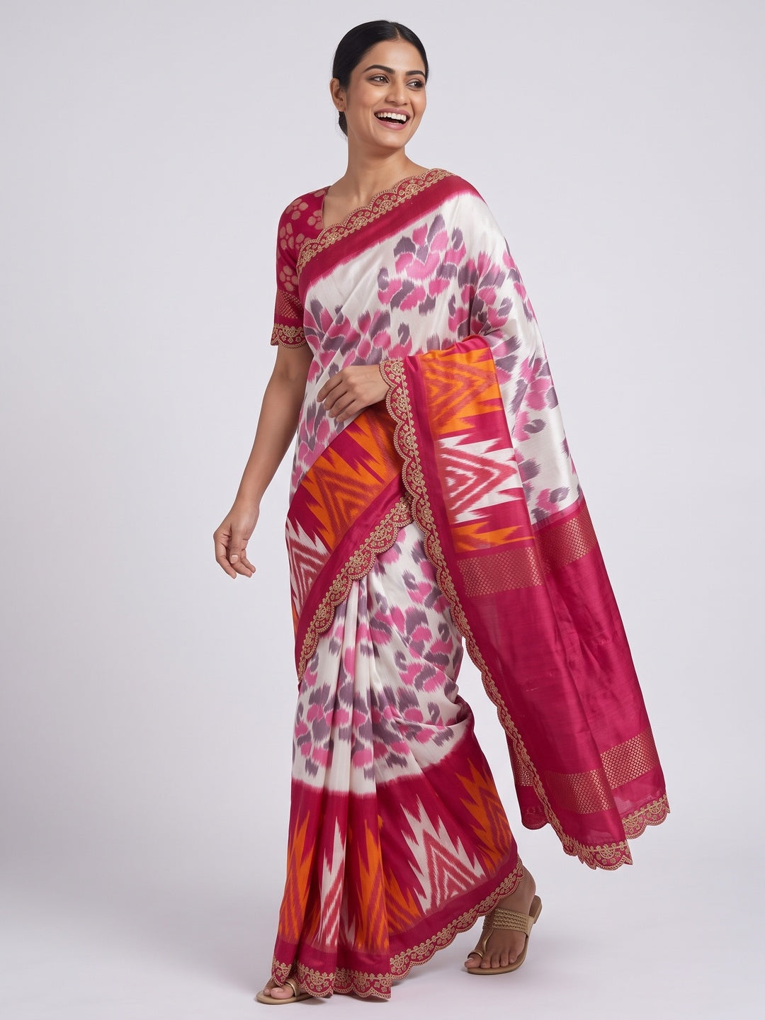 White & Pink Ikkat Printed Dola Silk Saree With Sequins Embroidered Border - Image 4