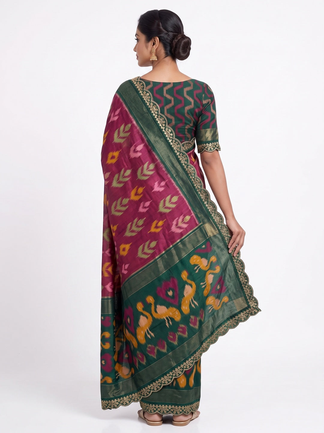 Wine & Green Ikkat Printed Dola Silk Saree With Sequins Embroidered Border - Image 2